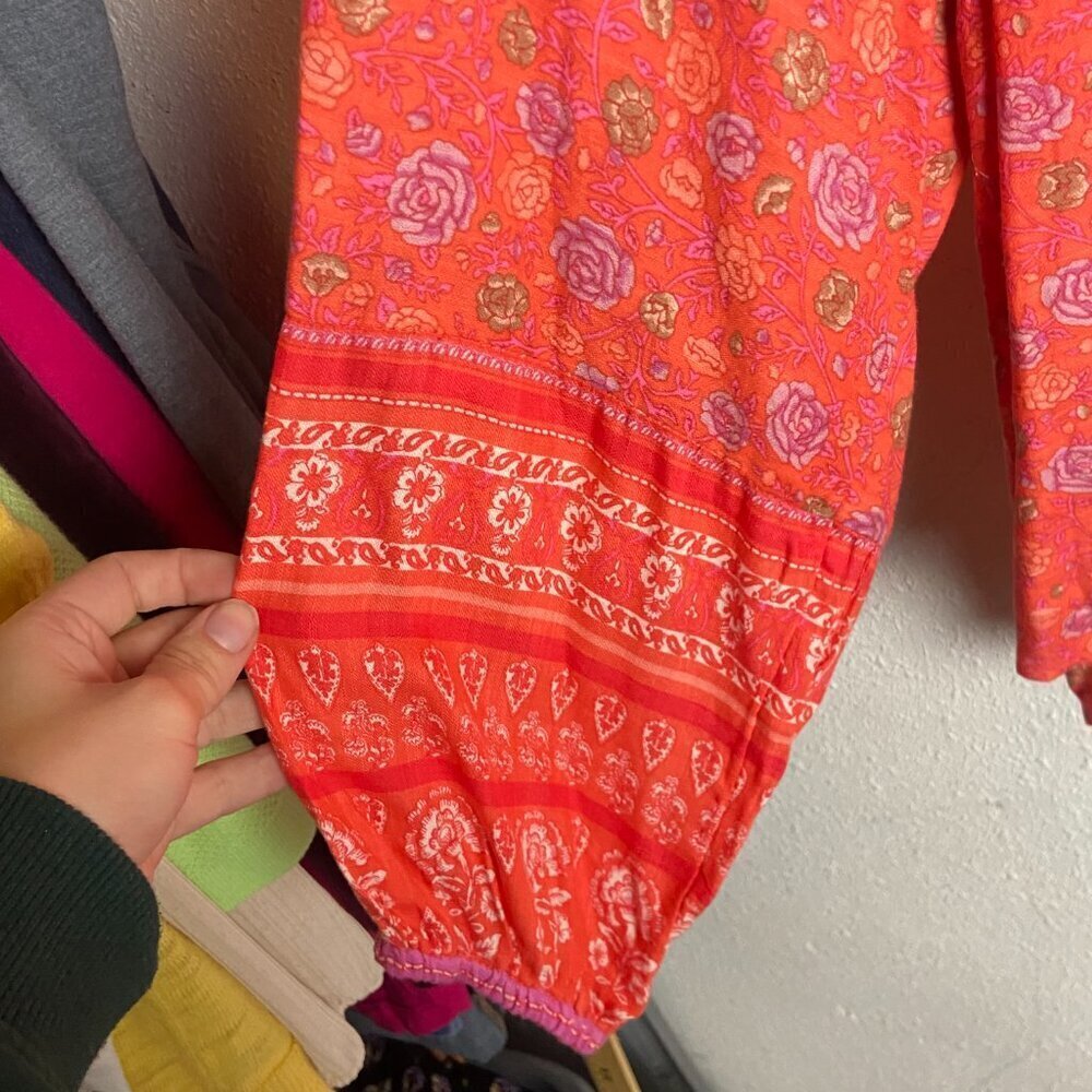Lucky Brand Size Xs Lace Up Border Print Peasant Blouse Orange Foral Prairie - Picture 9 of 9